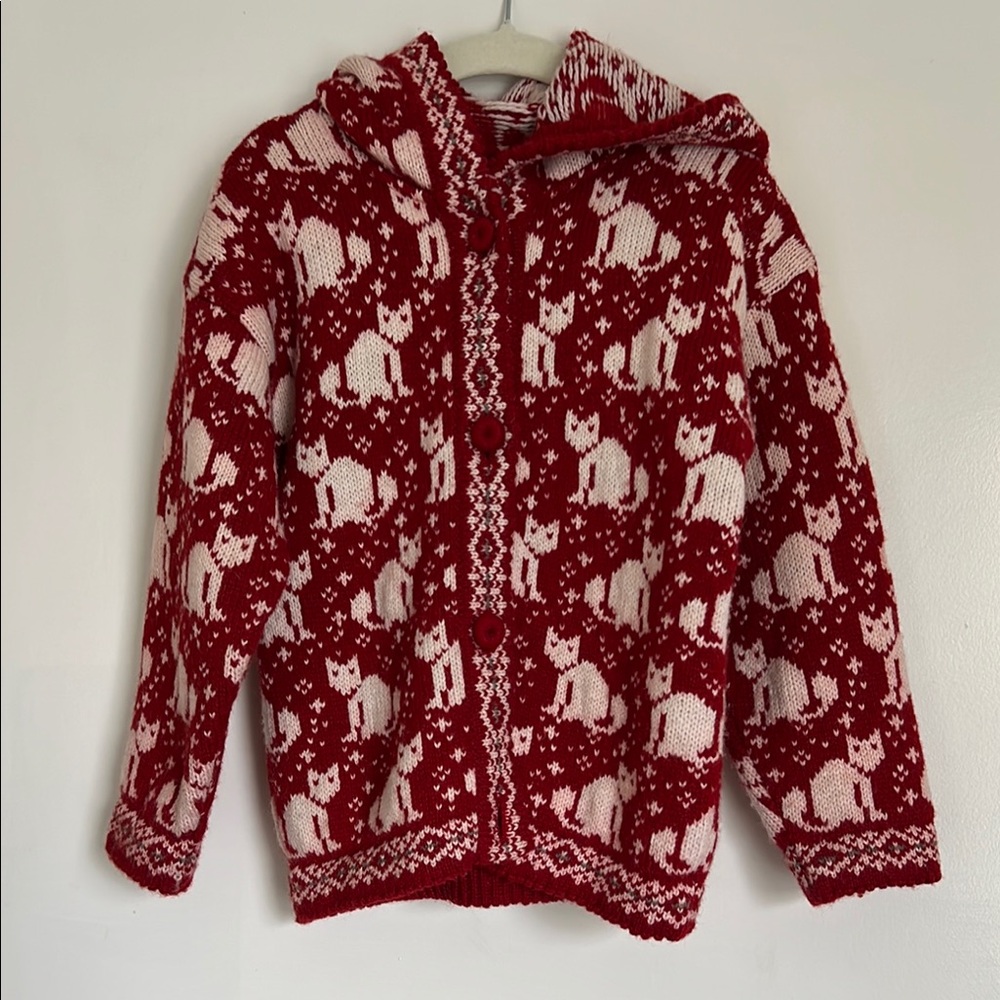 Red Cat Pattern Kids Hoodie hand knit
